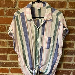 Linen blend tie front top